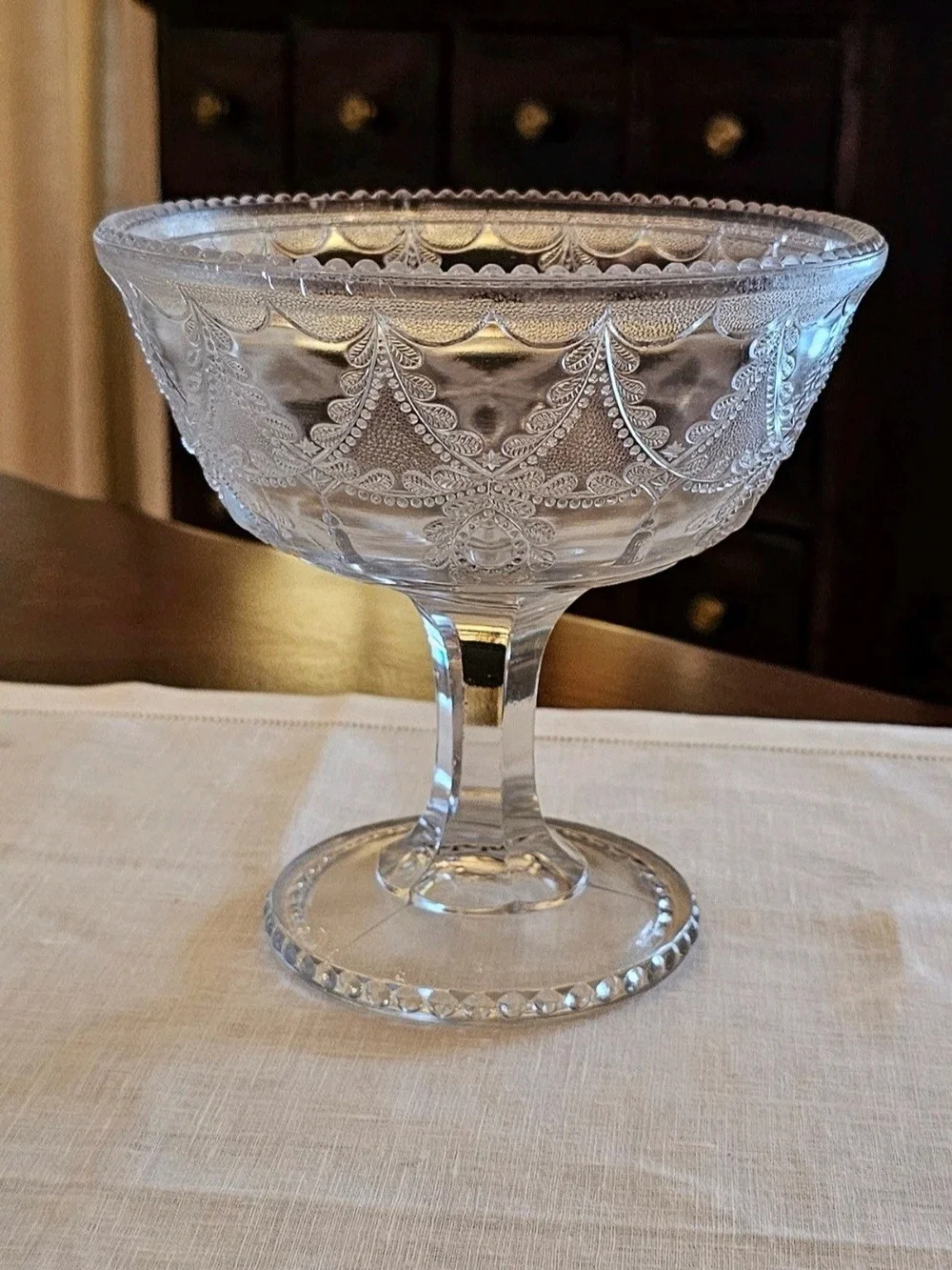 Antique Indiana Glass Teardrop & Tassel Clear Compote Pedestal Dish Candy Nut 6